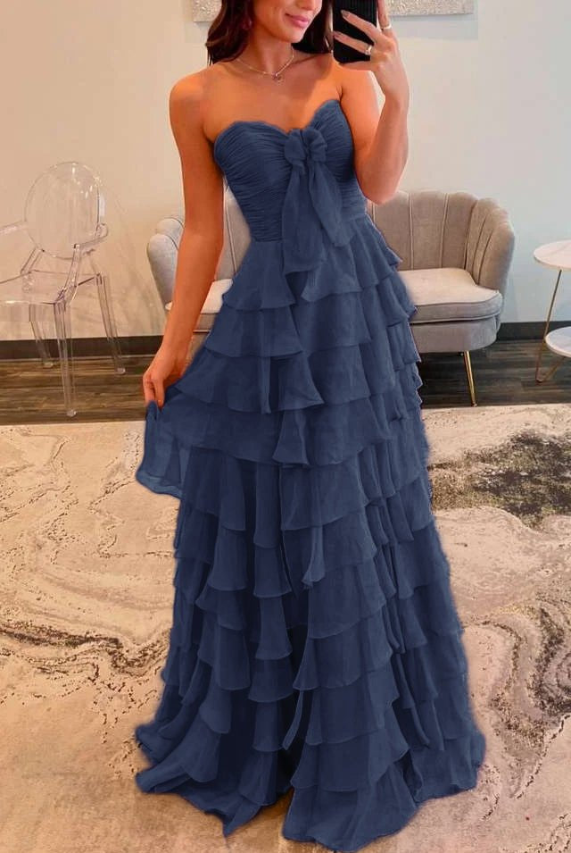 Cinizia | Chiffon Fuchsia Sweetheart Tiered Ruffles Prom Dress with Slit