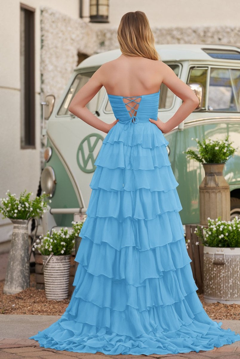 Cinizia | Chiffon Fuchsia Sweetheart Tiered Ruffles Prom Dress with Slit