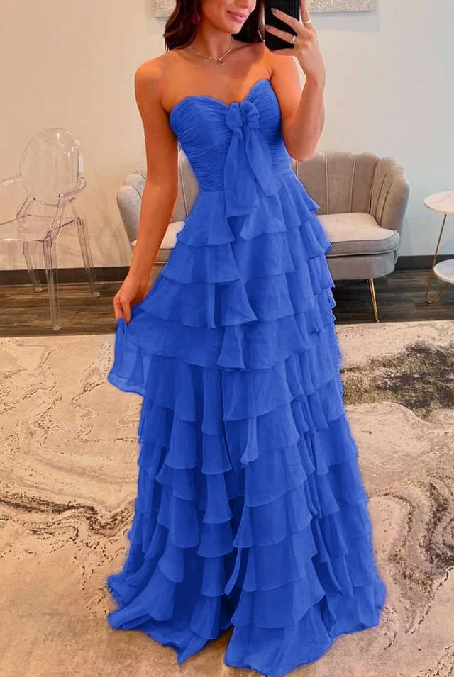 Cinizia | Chiffon Fuchsia Sweetheart Tiered Ruffles Prom Dress with Slit