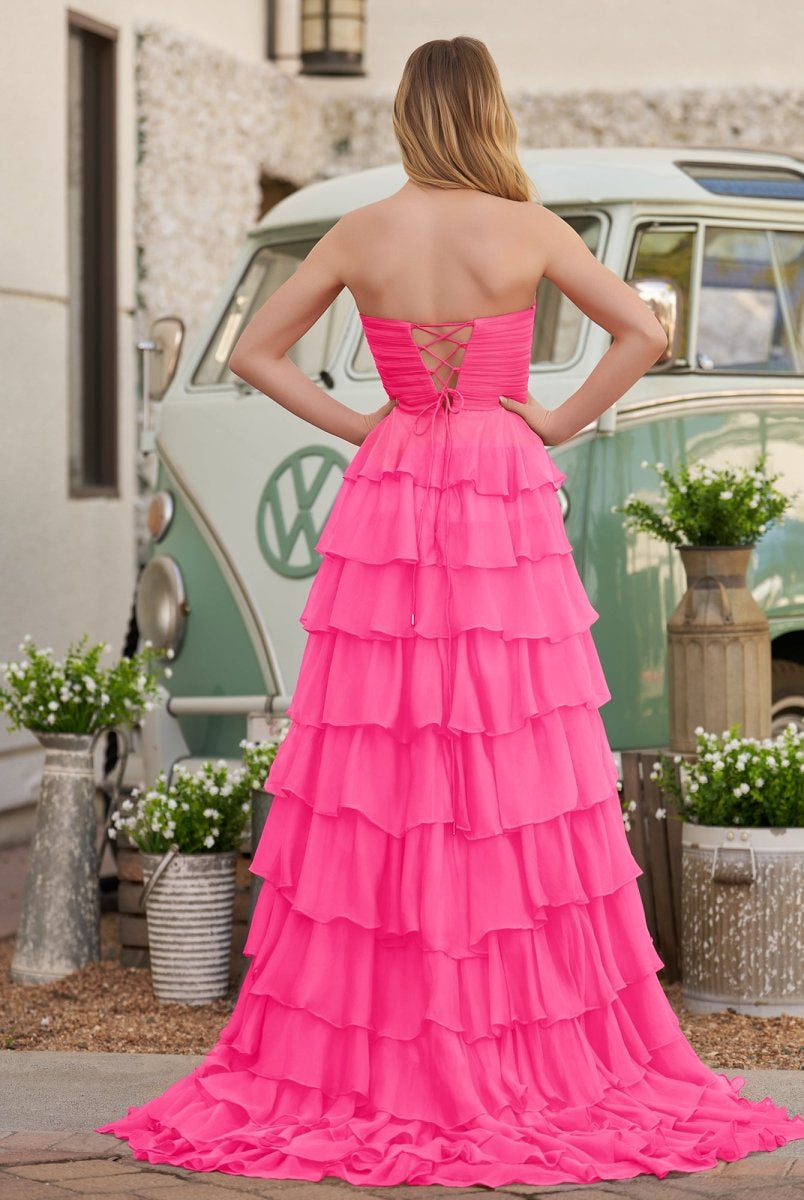 Cinizia | Chiffon Fuchsia Sweetheart Tiered Ruffles Prom Dress with Slit