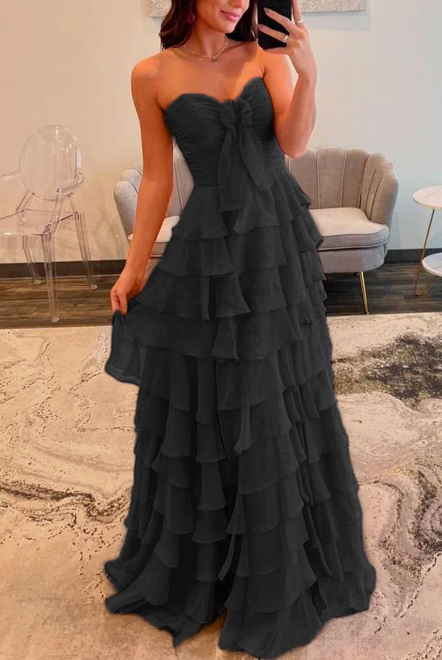 Cinizia | Chiffon Fuchsia Sweetheart Tiered Ruffles Prom Dress with Slit