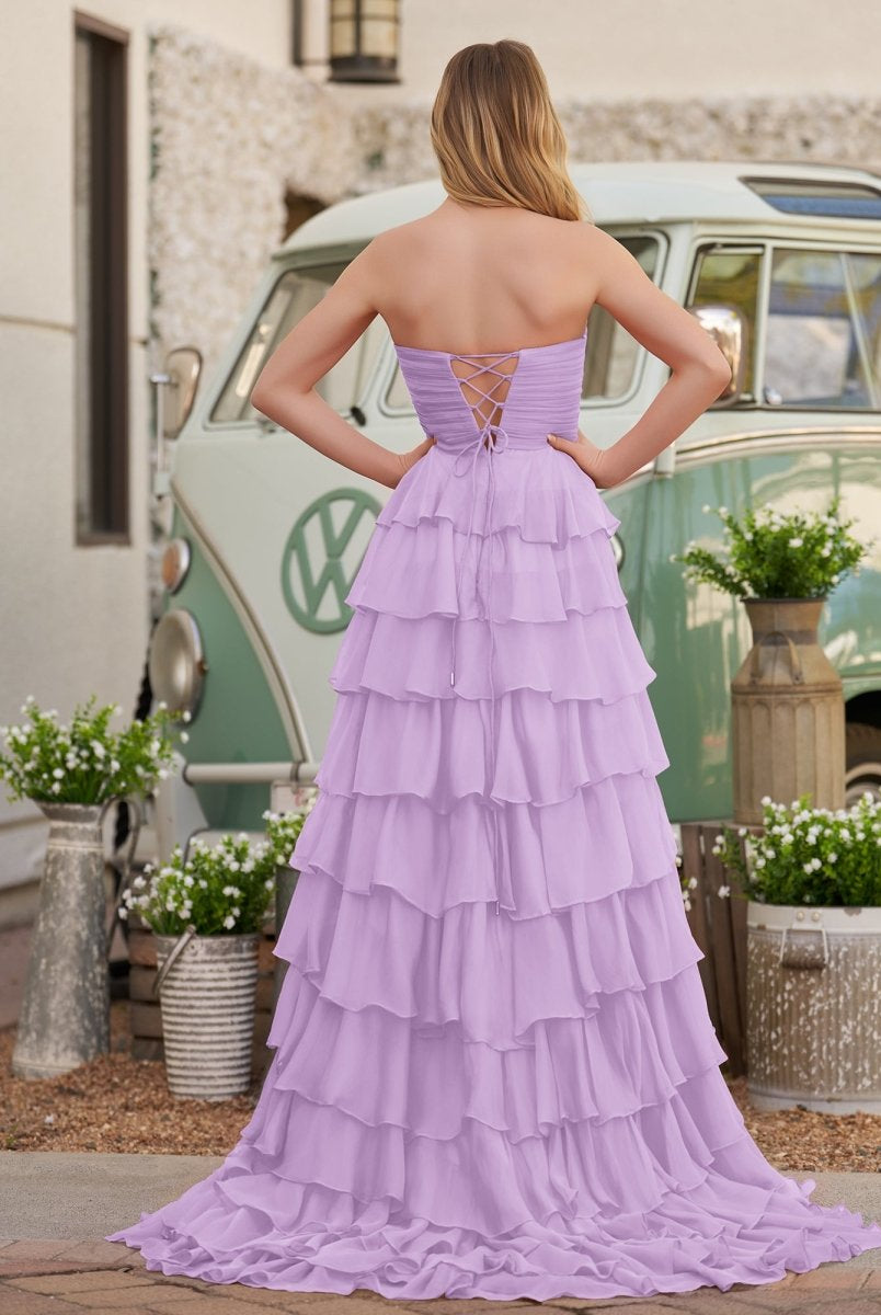 Cinizia | Chiffon Fuchsia Sweetheart Tiered Ruffles Prom Dress with Slit