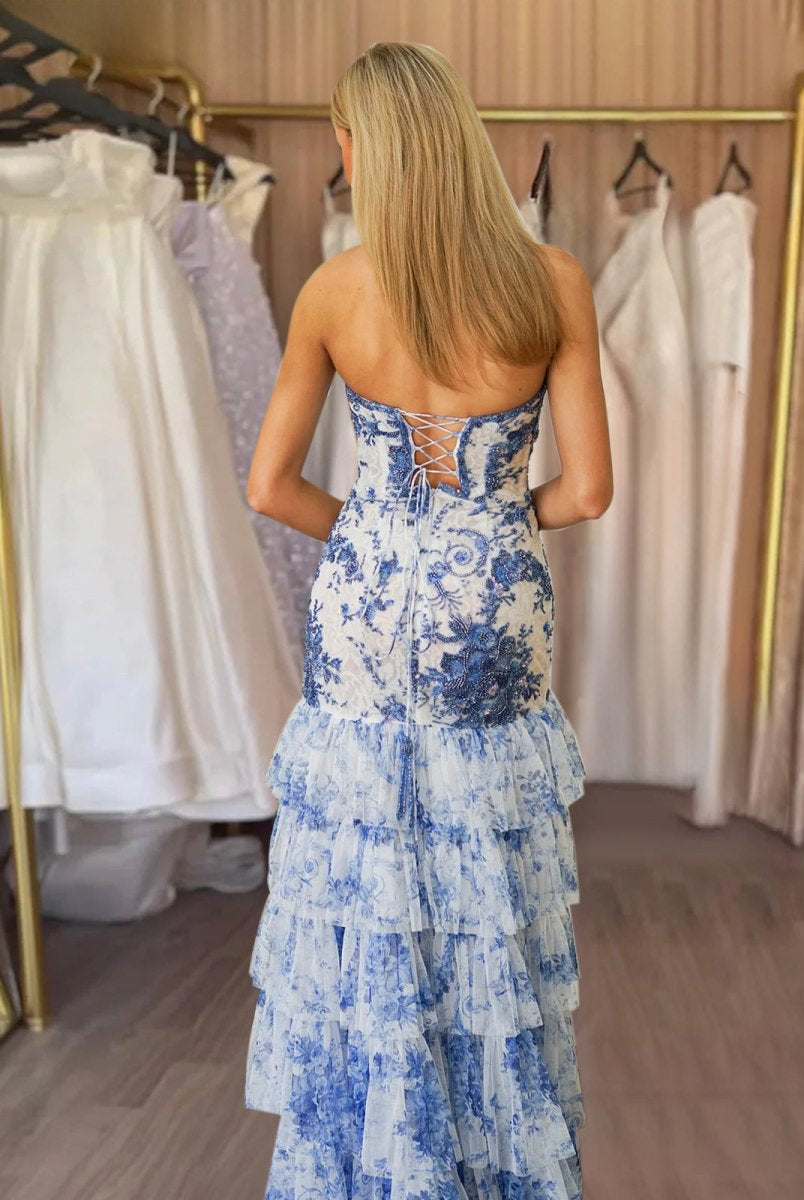 Cinzia | Blue Strapless Beaded Ruffle Tiered Mermaid Prom Dresses With Slit