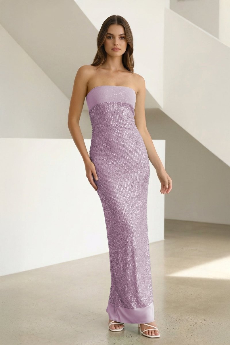 Clarin | Lavender - Sheath Strapless Sequined Long Prom Dresses - KissProm
