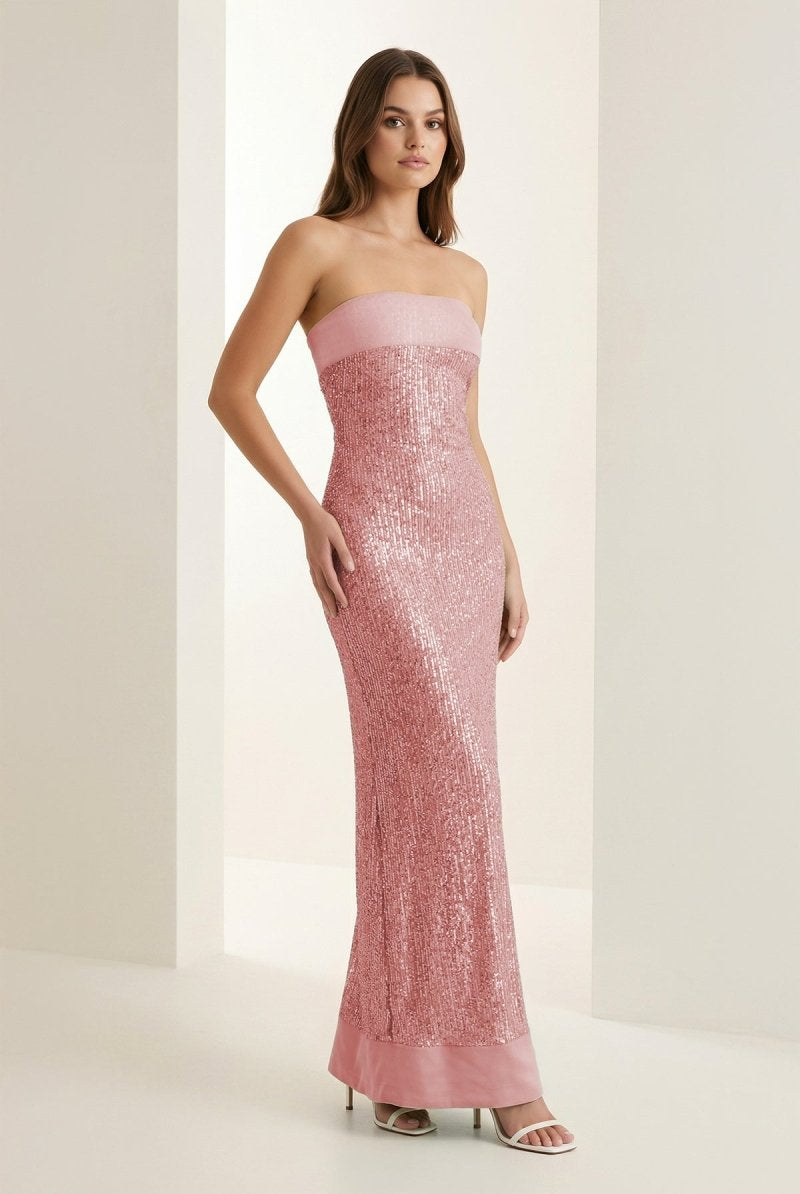 Clarin | Sage - Sheath Strapless Sequined Long Prom Dresses - KissProm