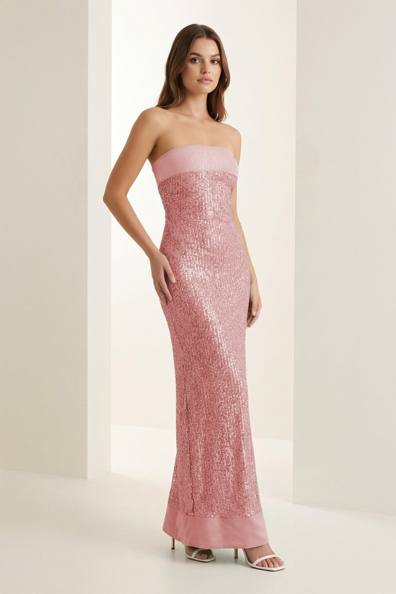 Clarin | Pink - Sheath Strapless Sequined Long Prom Dresses - KissProm