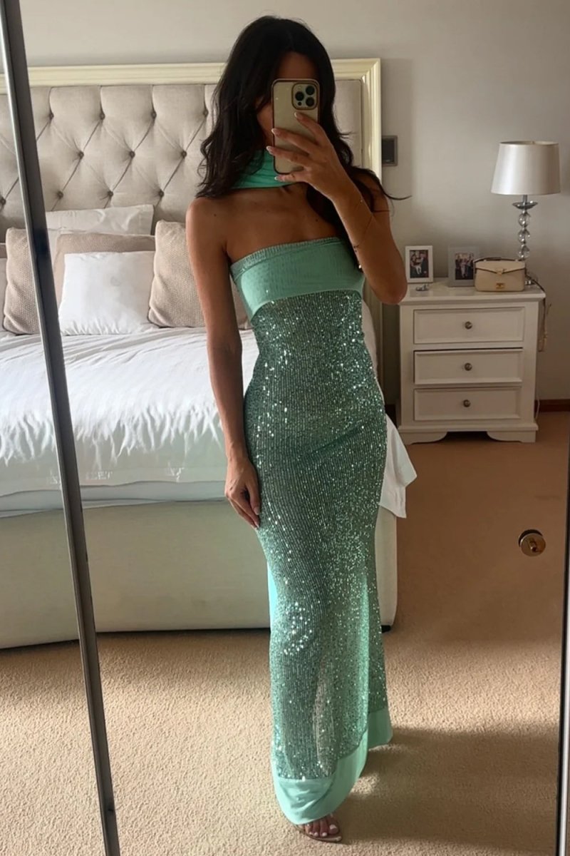 Clarin | Sage - Sheath Strapless Sequined Long Prom Dresses - KissProm
