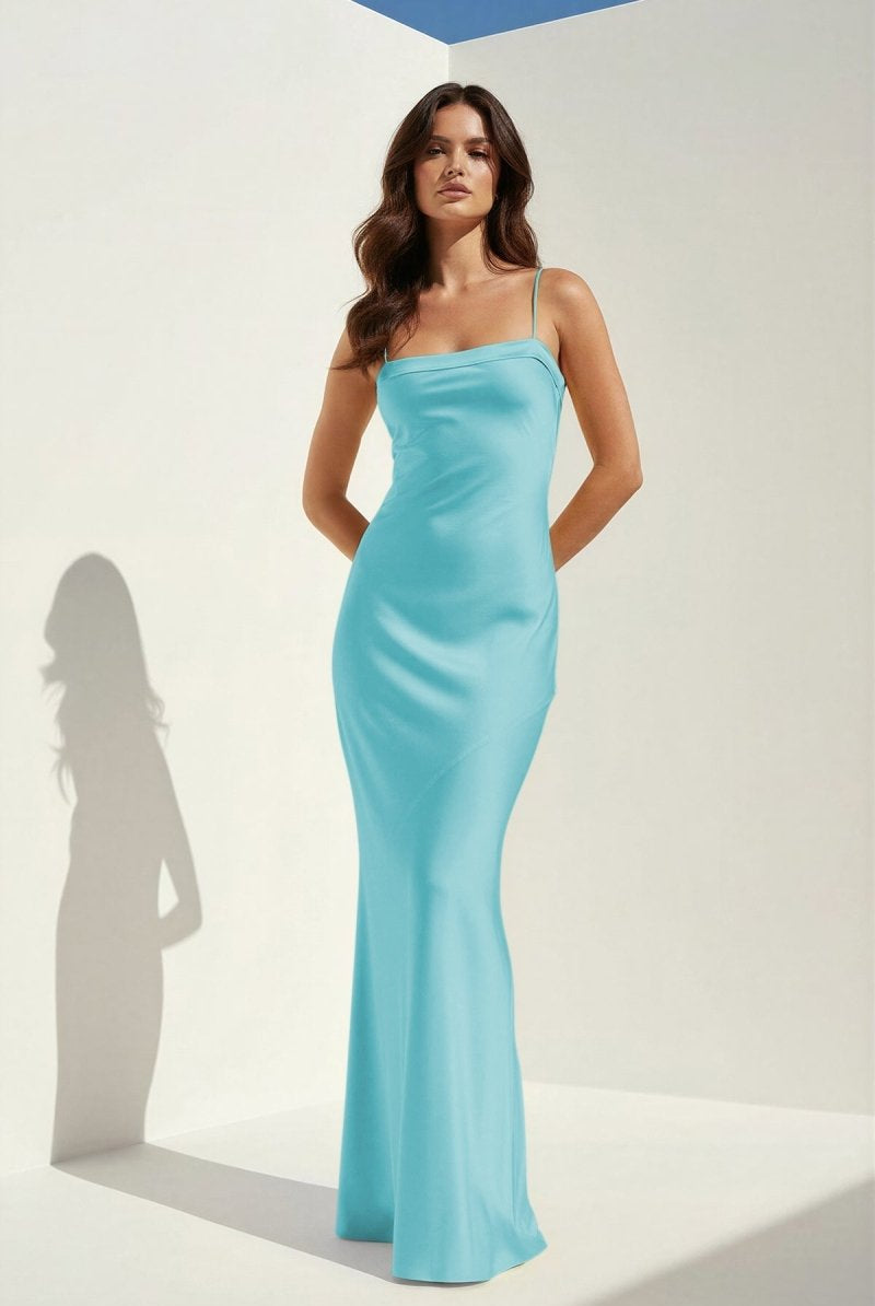 Clarisse | Yellow - Spaghetti Straps Sheath Satin Open Back Long Prom Dresses - KissProm
