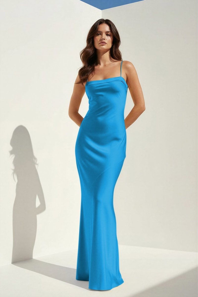 Clarisse | Yellow - Spaghetti Straps Sheath Satin Open Back Long Prom Dresses - KissProm