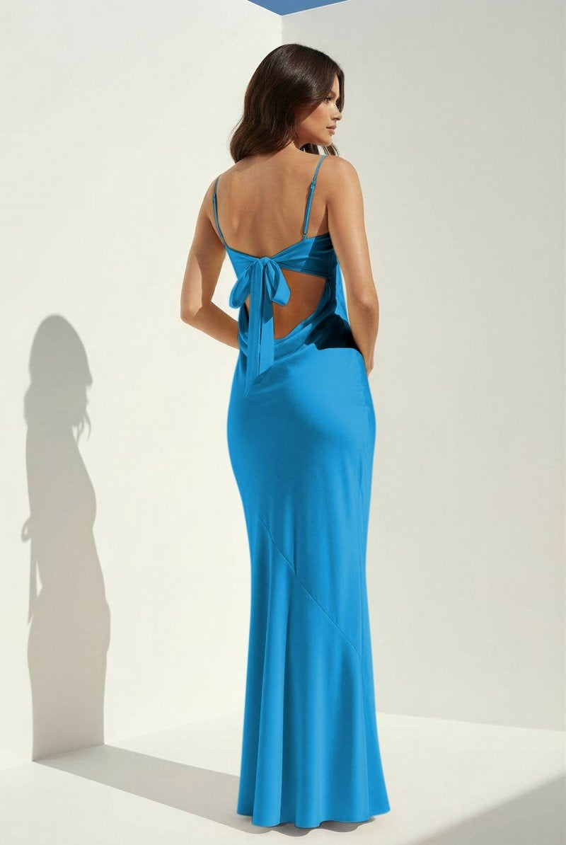 Clarisse | Yellow - Spaghetti Straps Sheath Satin Open Back Long Prom Dresses - KissProm