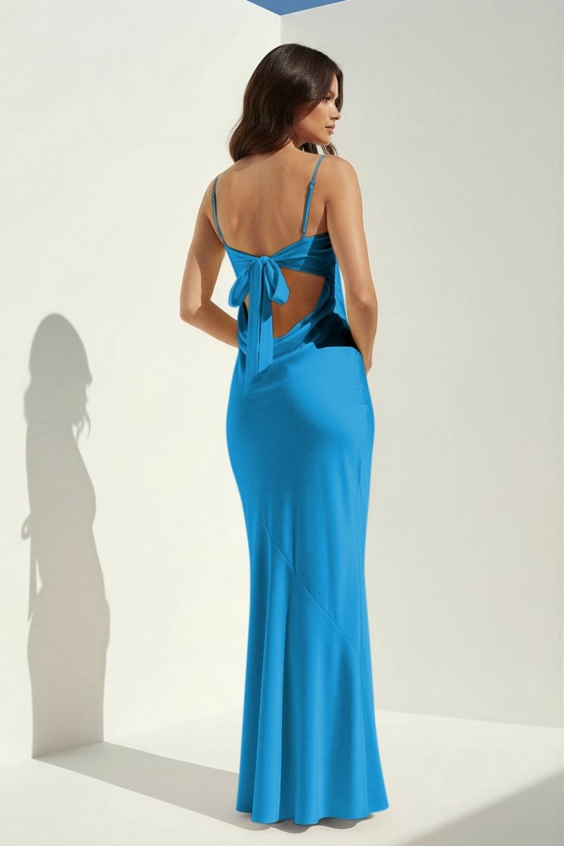 Clarisse | Yellow - Spaghetti Straps Sheath Satin Open Back Long Prom Dresses - KissProm