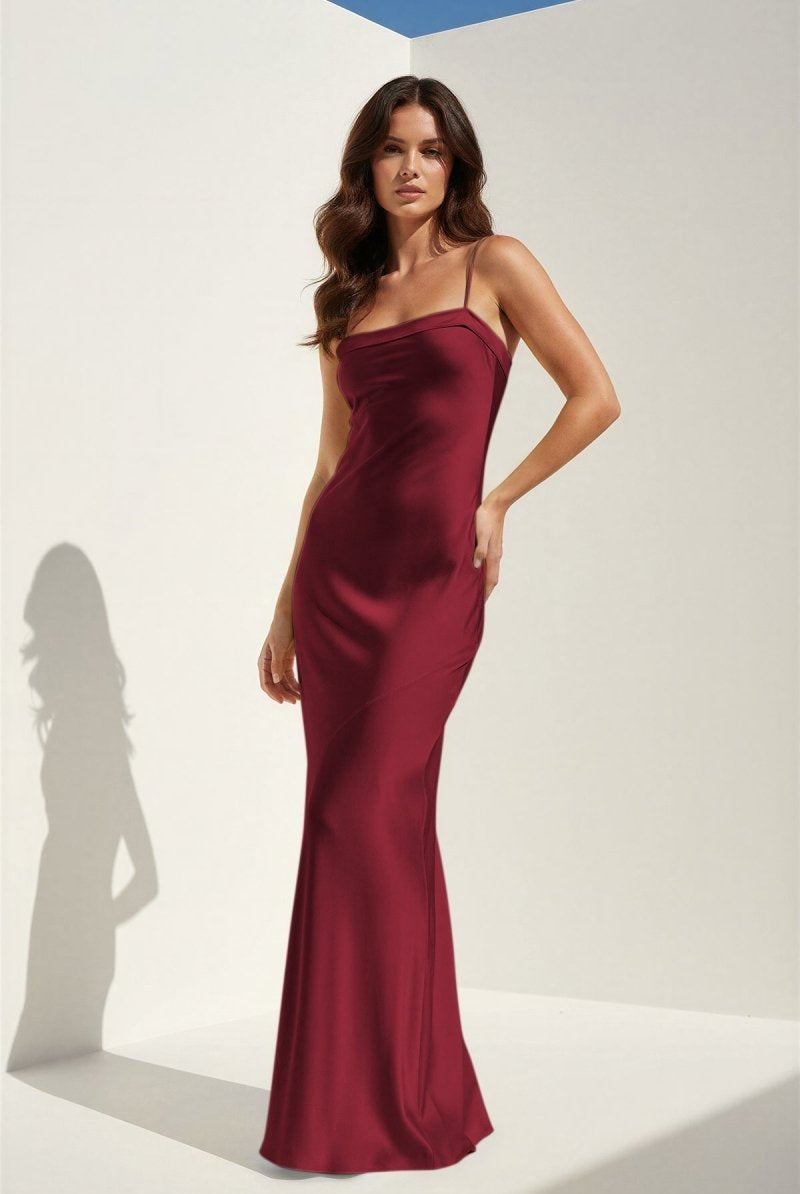Clarisse | Yellow - Spaghetti Straps Sheath Satin Open Back Long Prom Dresses - KissProm