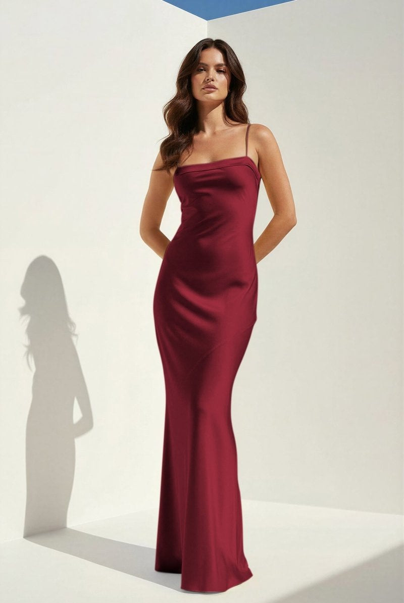 Clarisse | Yellow - Spaghetti Straps Sheath Satin Open Back Long Prom Dresses - KissProm