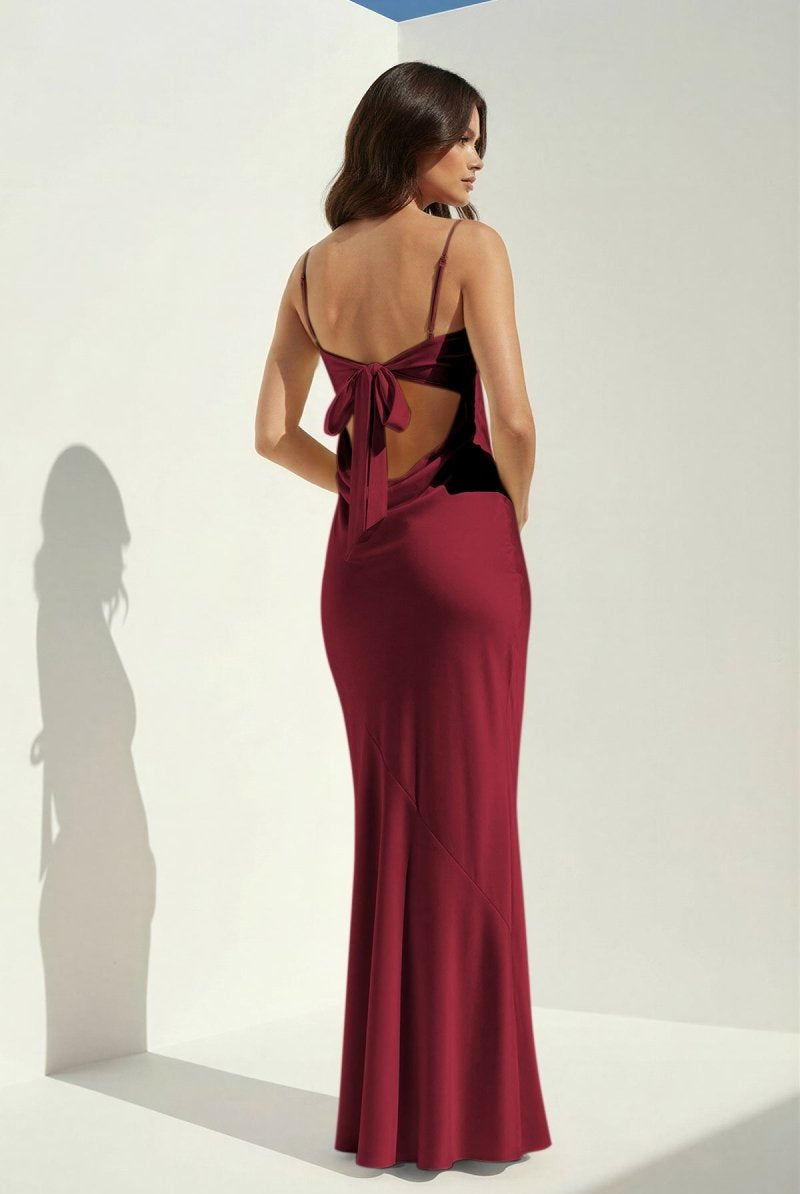 Clarisse | Yellow - Spaghetti Straps Sheath Satin Open Back Long Prom Dresses - KissProm