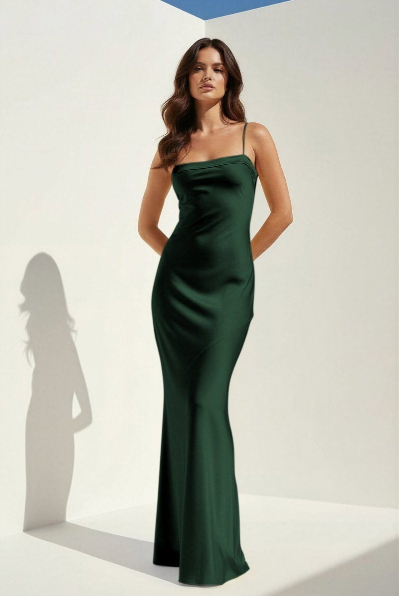 Clarisse | Yellow - Spaghetti Straps Sheath Satin Open Back Long Prom Dresses - KissProm