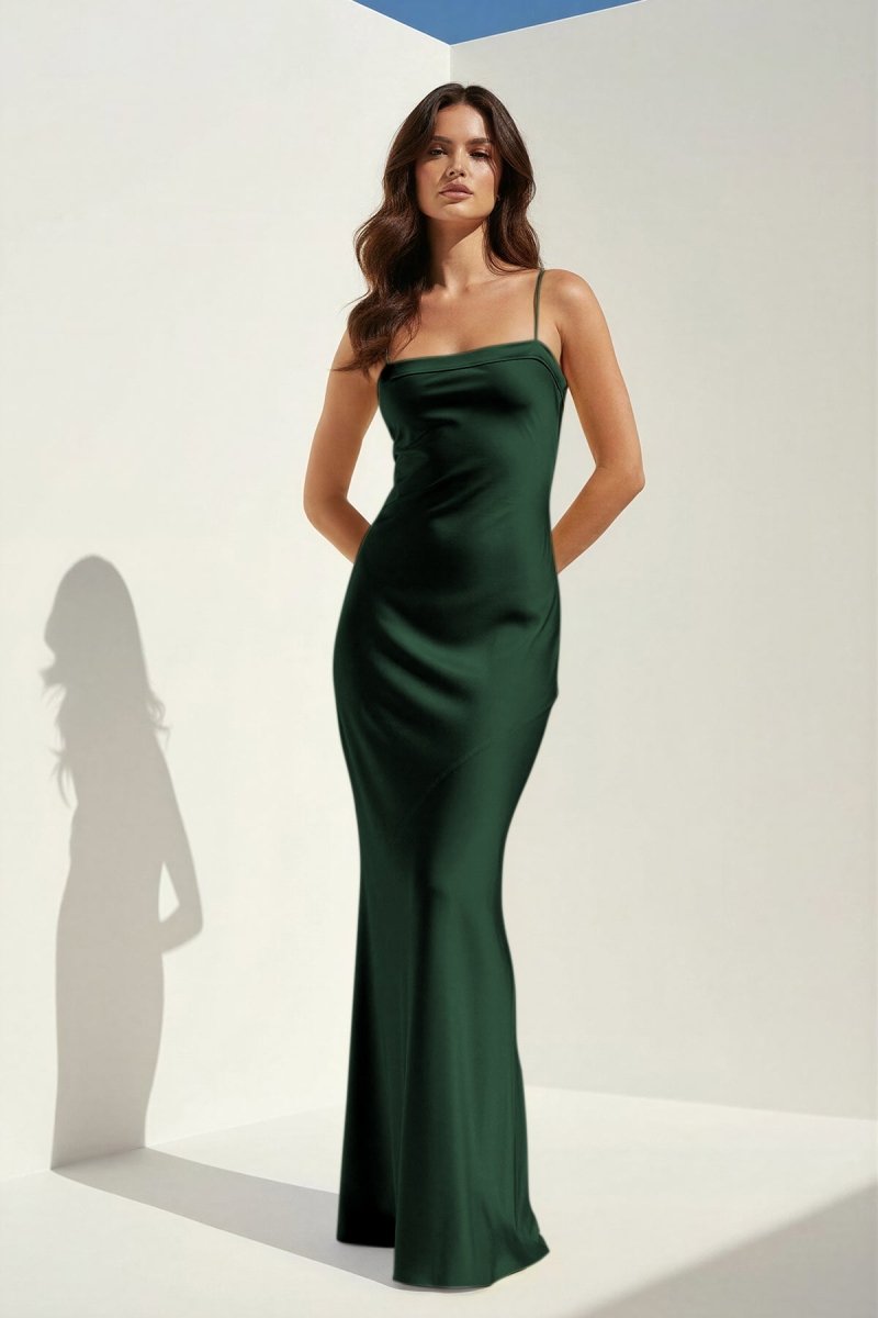 Clarisse | Yellow - Spaghetti Straps Sheath Satin Open Back Long Prom Dresses - KissProm