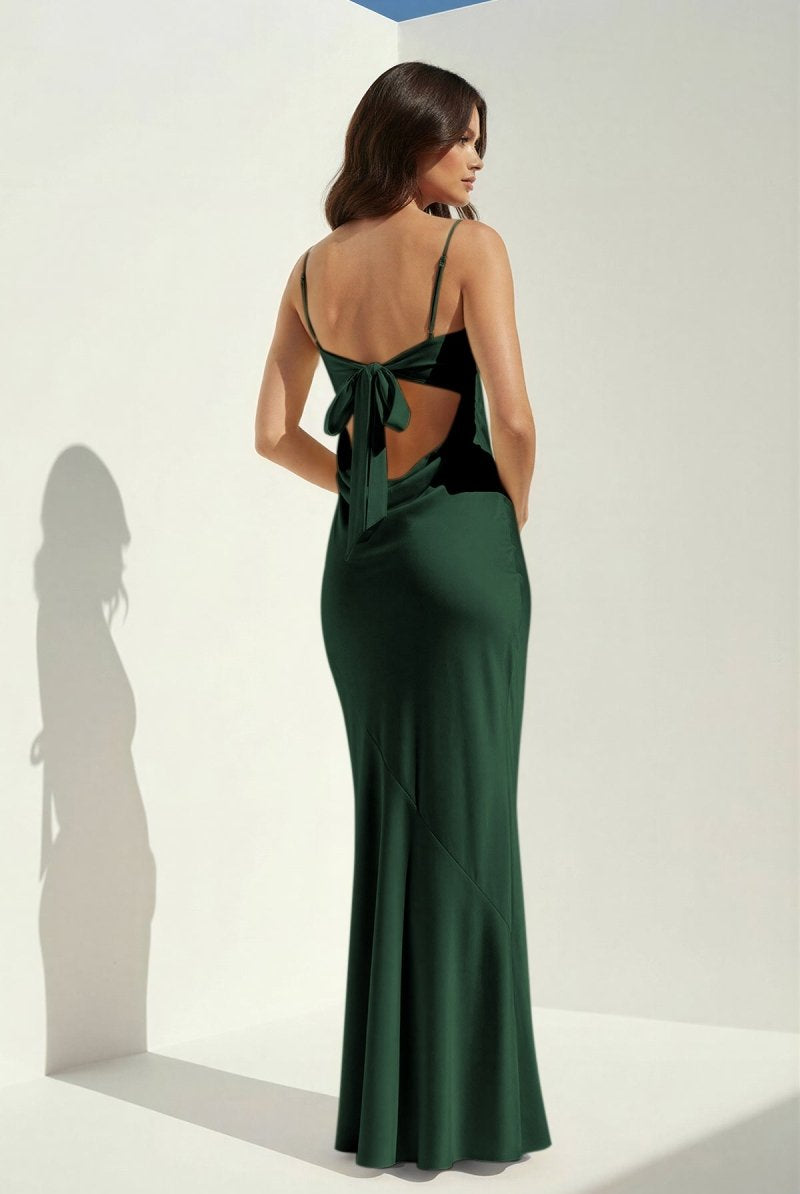 Clarisse | Yellow - Spaghetti Straps Sheath Satin Open Back Long Prom Dresses - KissProm