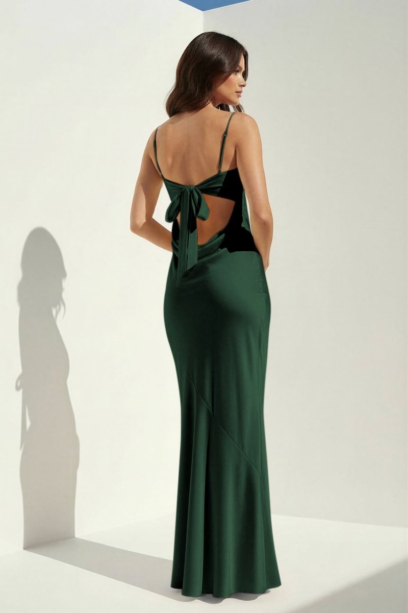 Clarisse | Yellow - Spaghetti Straps Sheath Satin Open Back Long Prom Dresses - KissProm