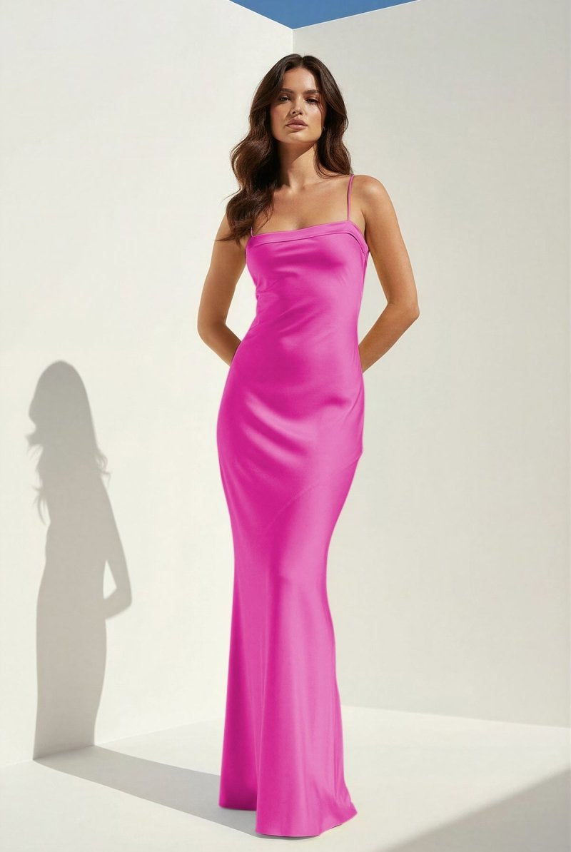 Clarisse | Yellow - Spaghetti Straps Sheath Satin Open Back Long Prom Dresses - KissProm