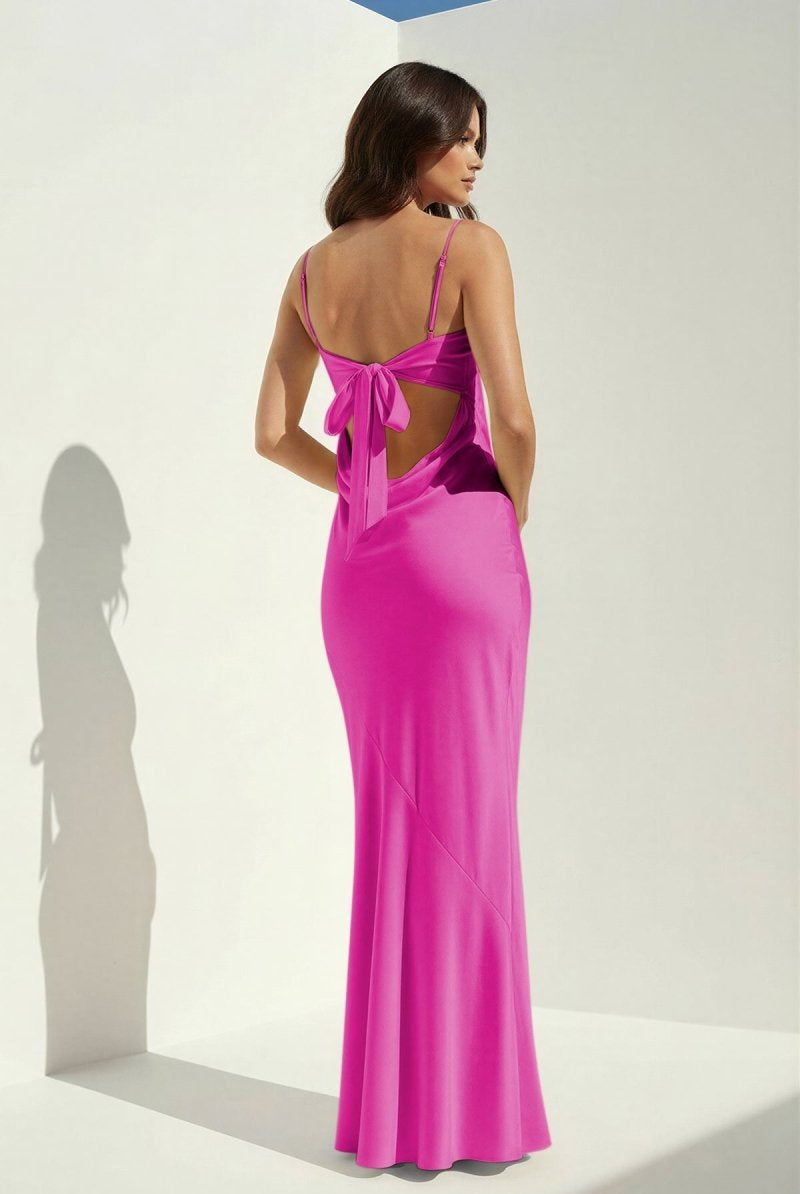 Clarisse | Yellow - Spaghetti Straps Sheath Satin Open Back Long Prom Dresses - KissProm