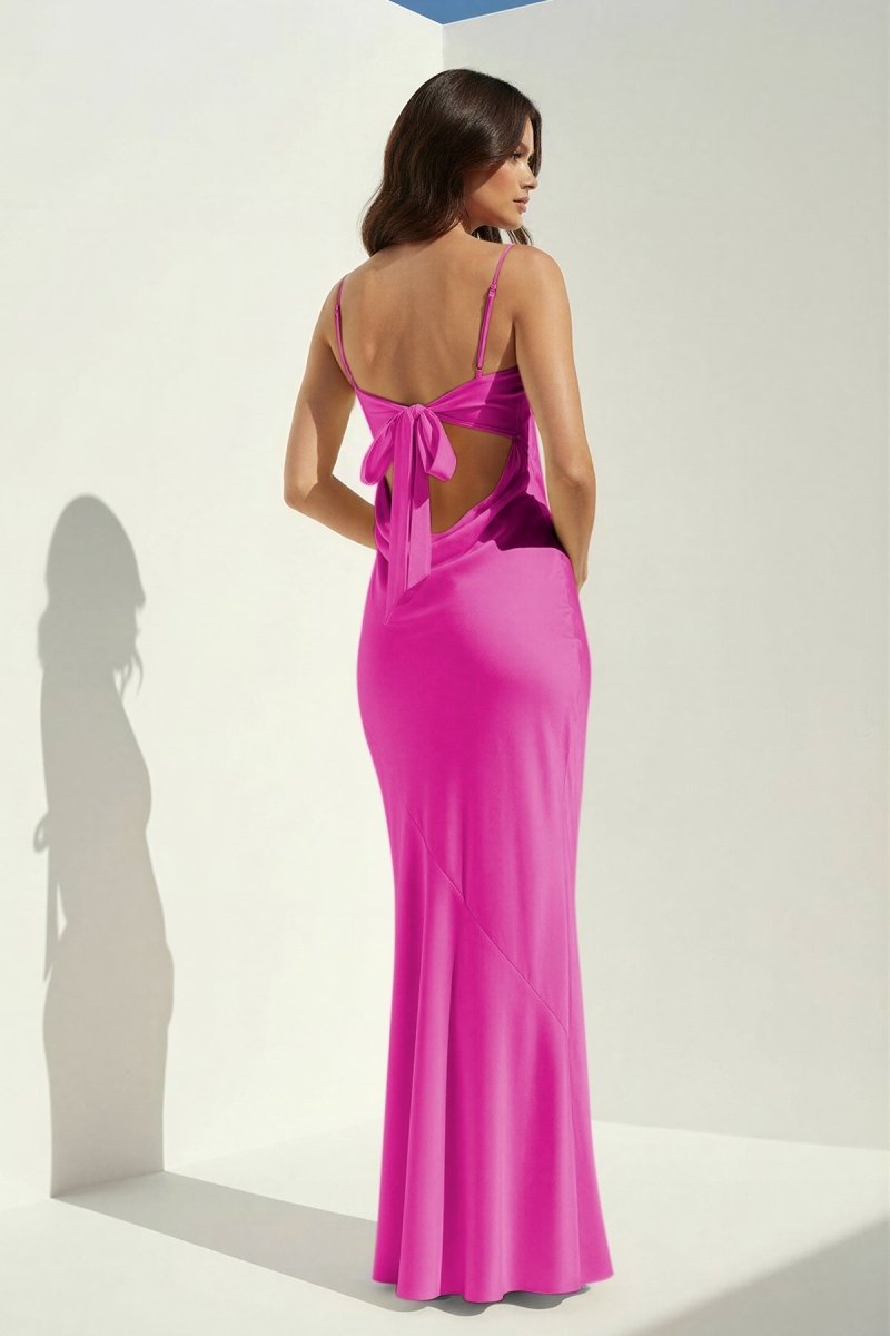 Clarisse | Yellow - Spaghetti Straps Sheath Satin Open Back Long Prom Dresses - KissProm