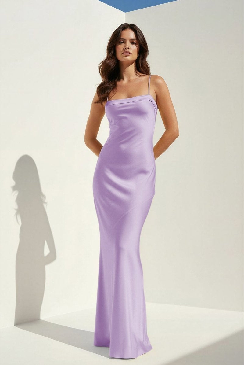 Clarisse | Yellow - Spaghetti Straps Sheath Satin Open Back Long Prom Dresses - KissProm