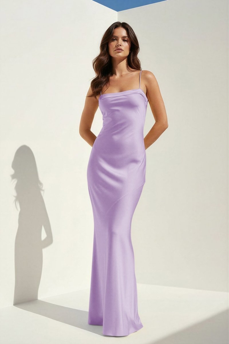 Clarisse | Yellow - Spaghetti Straps Sheath Satin Open Back Long Prom Dresses - KissProm