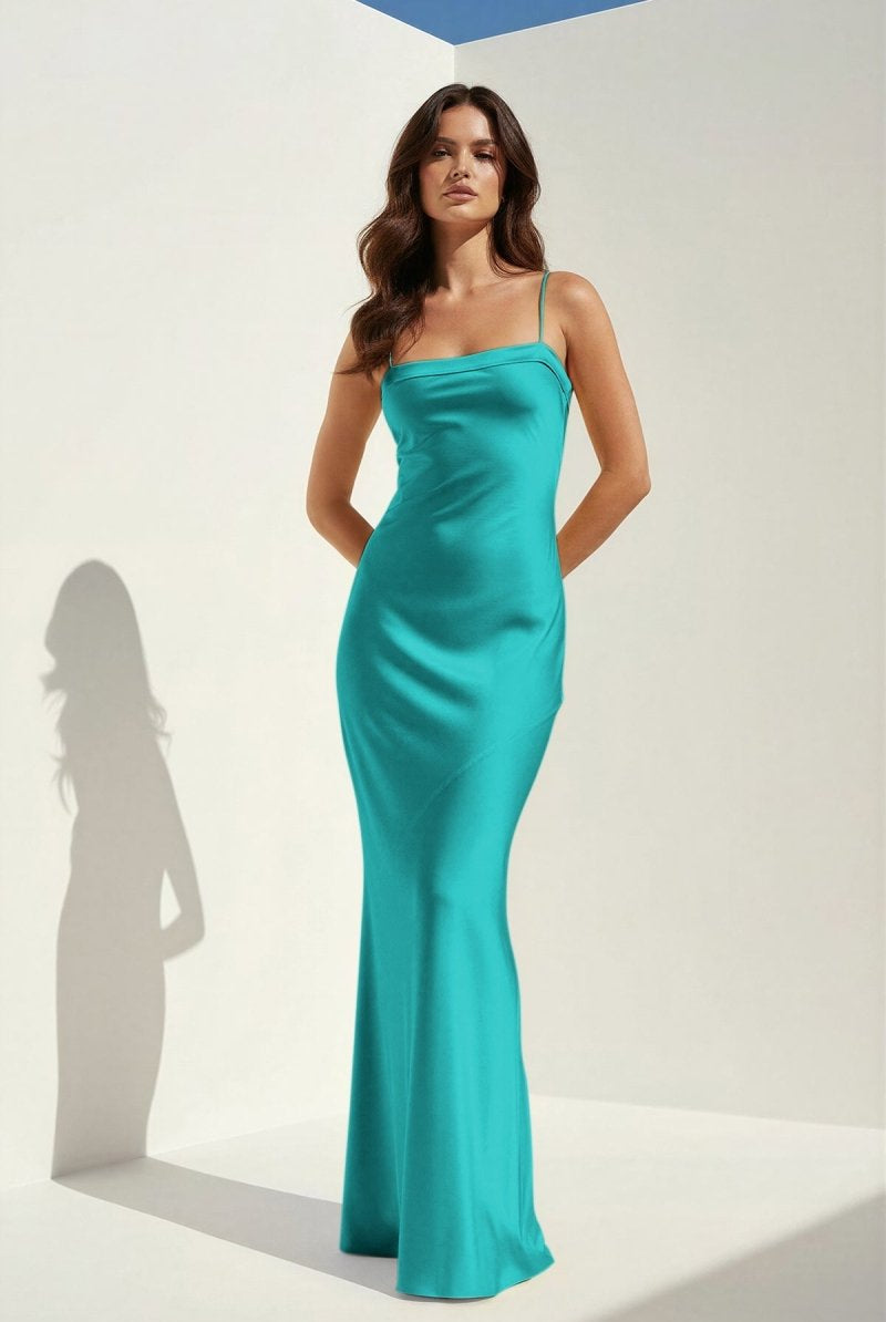 Clarisse | Yellow - Spaghetti Straps Sheath Satin Open Back Long Prom Dresses - KissProm