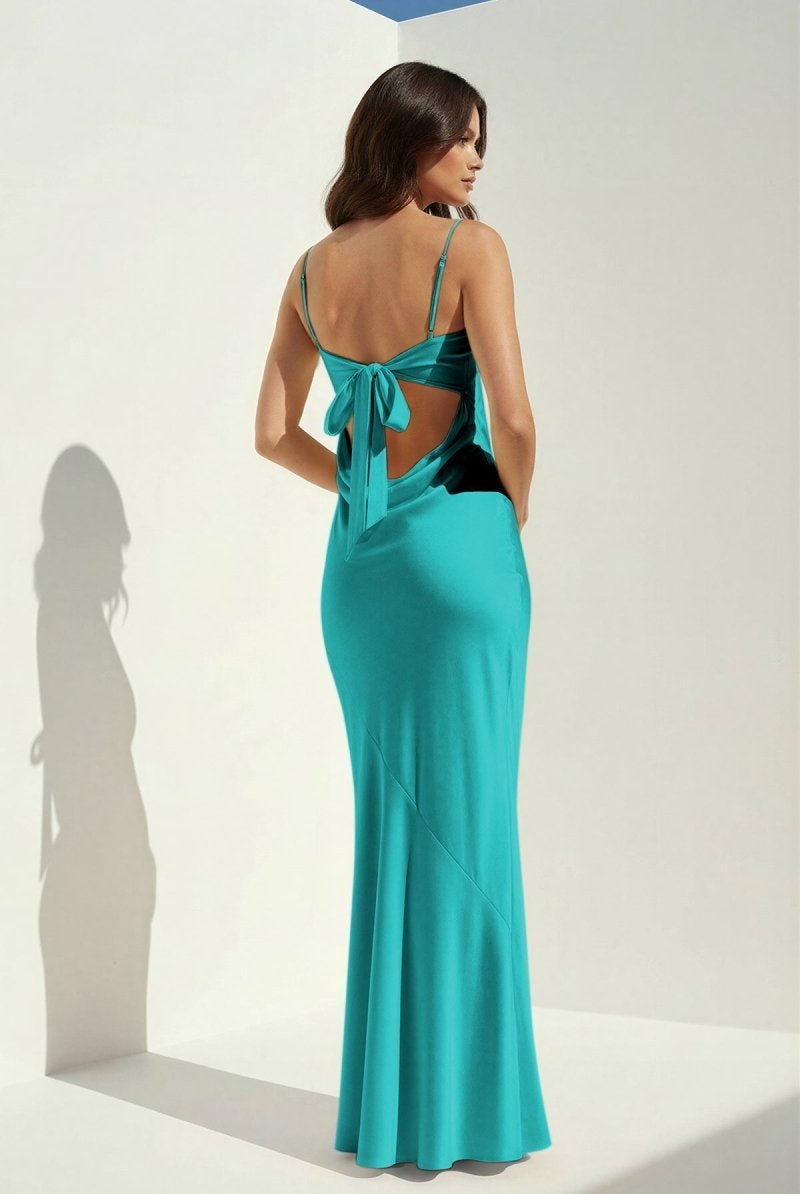 Clarisse | Yellow - Spaghetti Straps Sheath Satin Open Back Long Prom Dresses - KissProm