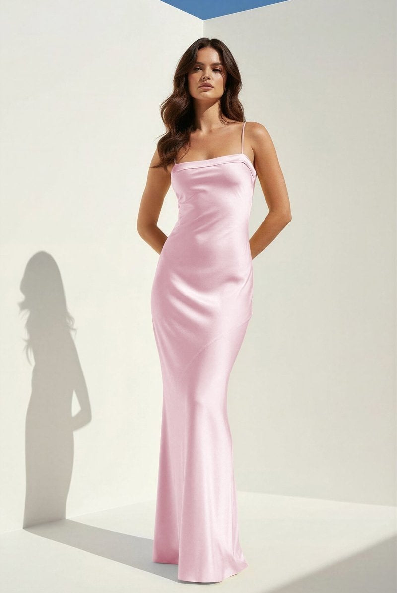 Clarisse | Yellow - Spaghetti Straps Sheath Satin Open Back Long Prom Dresses - KissProm