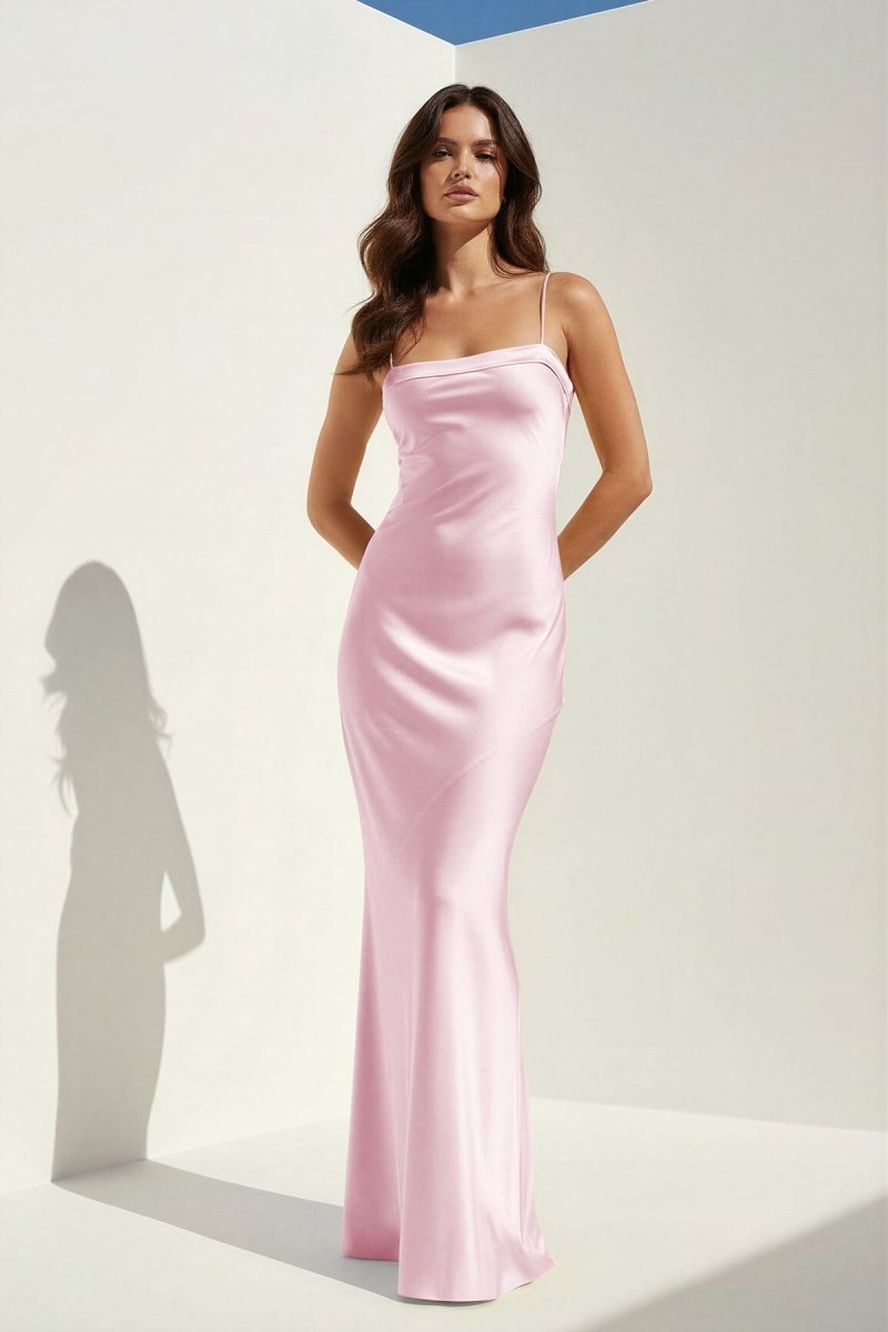 Clarisse | Yellow - Spaghetti Straps Sheath Satin Open Back Long Prom Dresses - KissProm