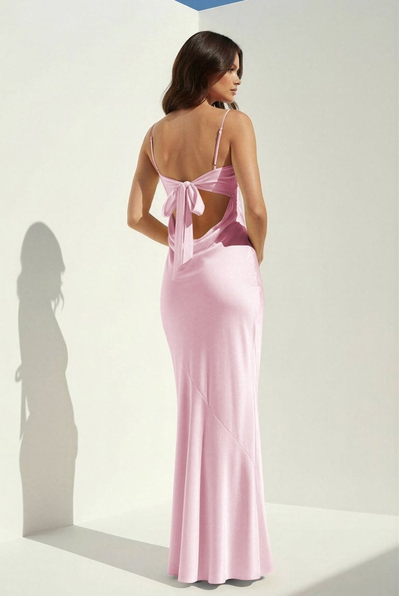 Clarisse | Yellow - Spaghetti Straps Sheath Satin Open Back Long Prom Dresses - KissProm