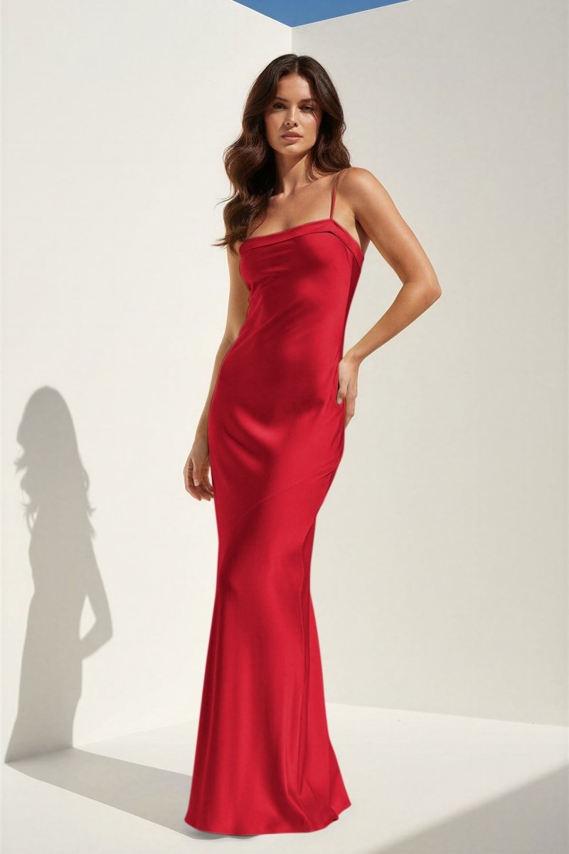 Clarisse | Yellow - Spaghetti Straps Sheath Satin Open Back Long Prom Dresses - KissProm