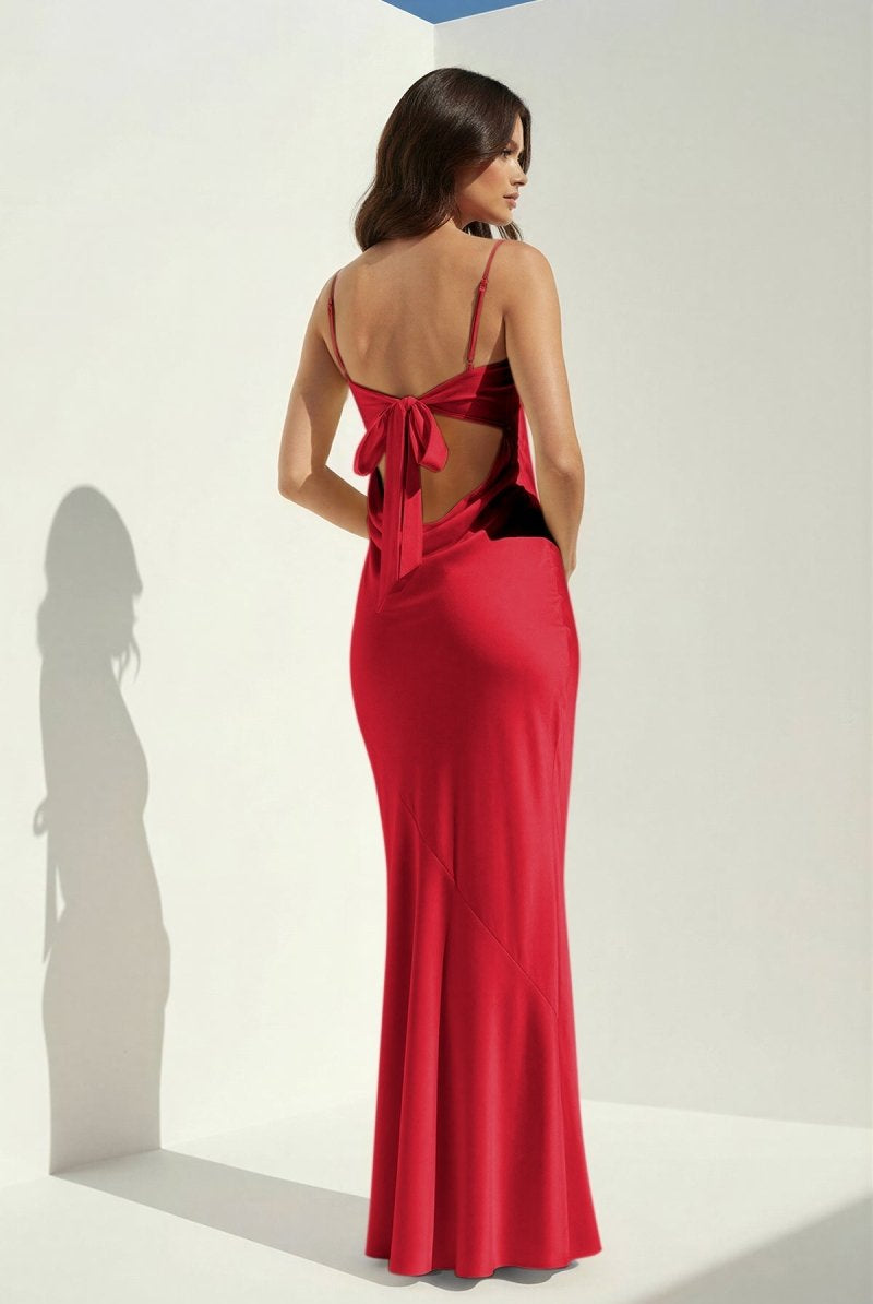 Clarisse | Yellow - Spaghetti Straps Sheath Satin Open Back Long Prom Dresses - KissProm