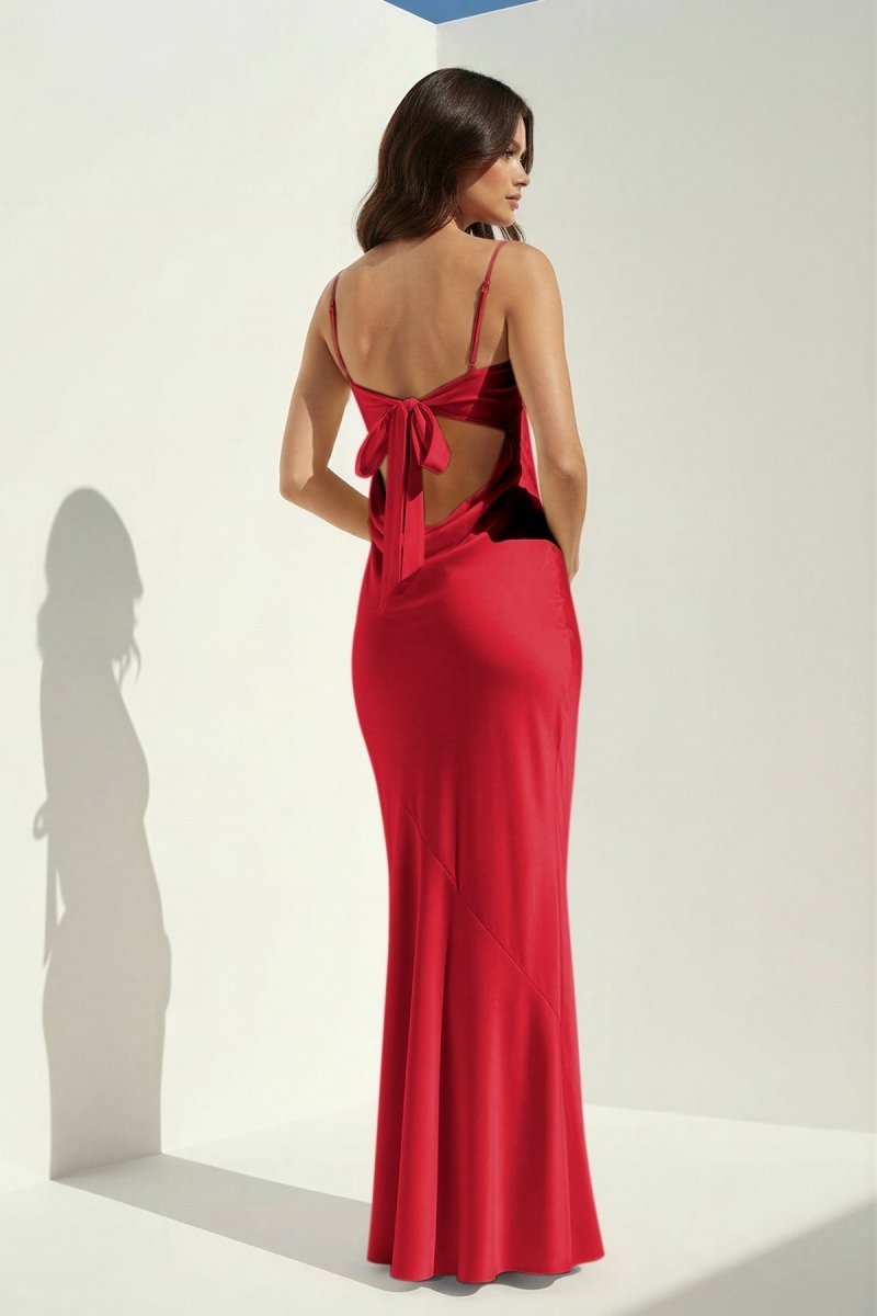 Clarisse | Yellow - Spaghetti Straps Sheath Satin Open Back Long Prom Dresses - KissProm