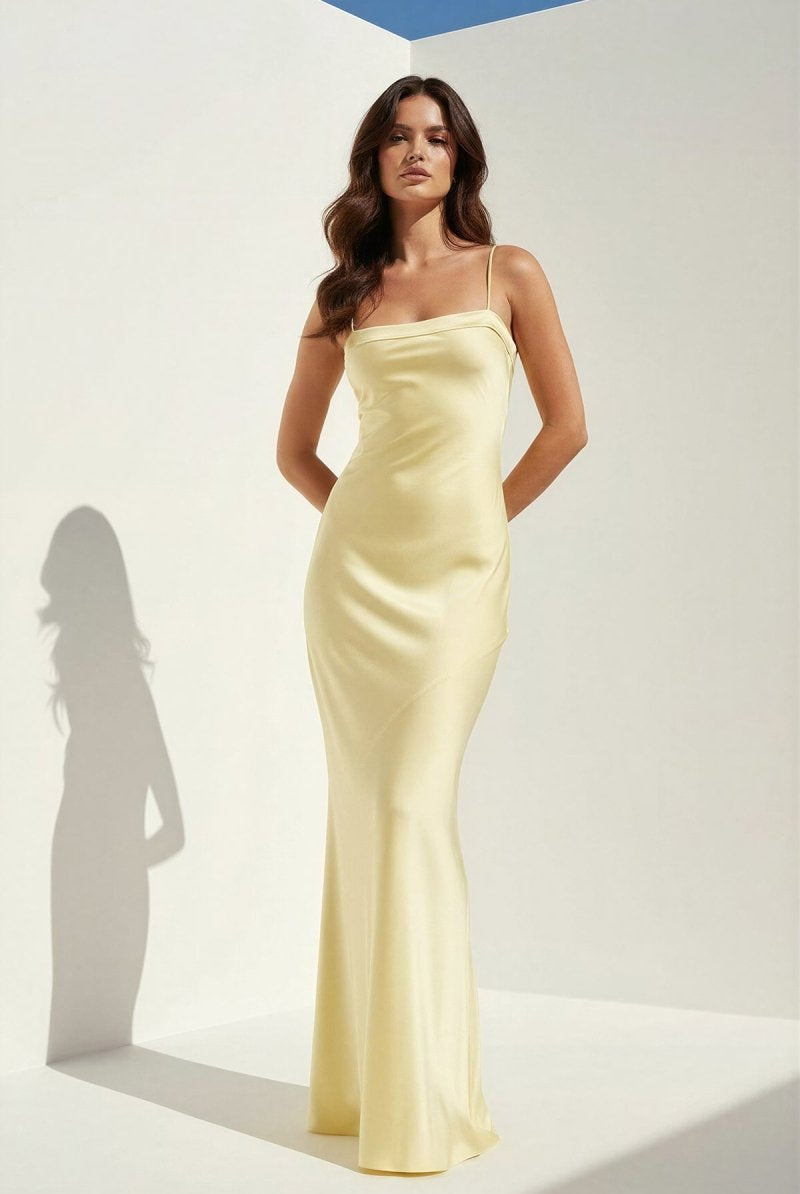 Clarisse | Yellow - Spaghetti Straps Sheath Satin Open Back Long Prom Dresses - KissProm
