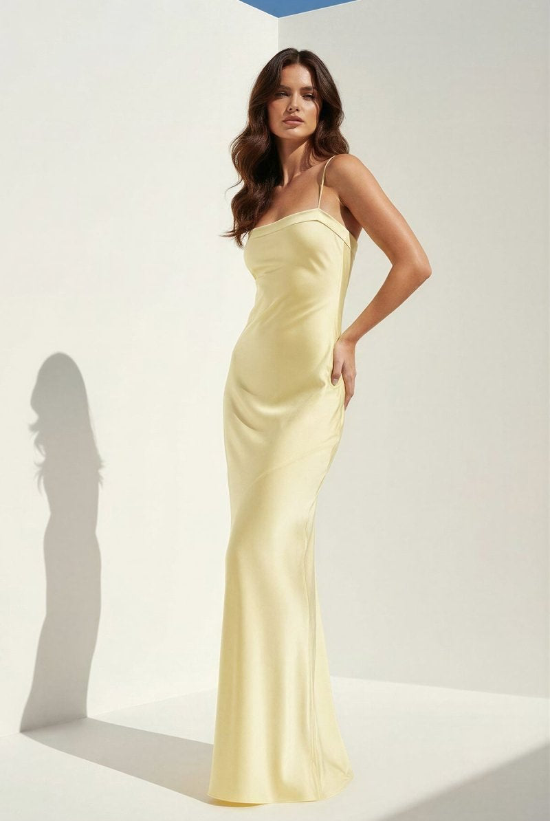 Clarisse | Yellow - Spaghetti Straps Sheath Satin Open Back Long Prom Dresses - KissProm