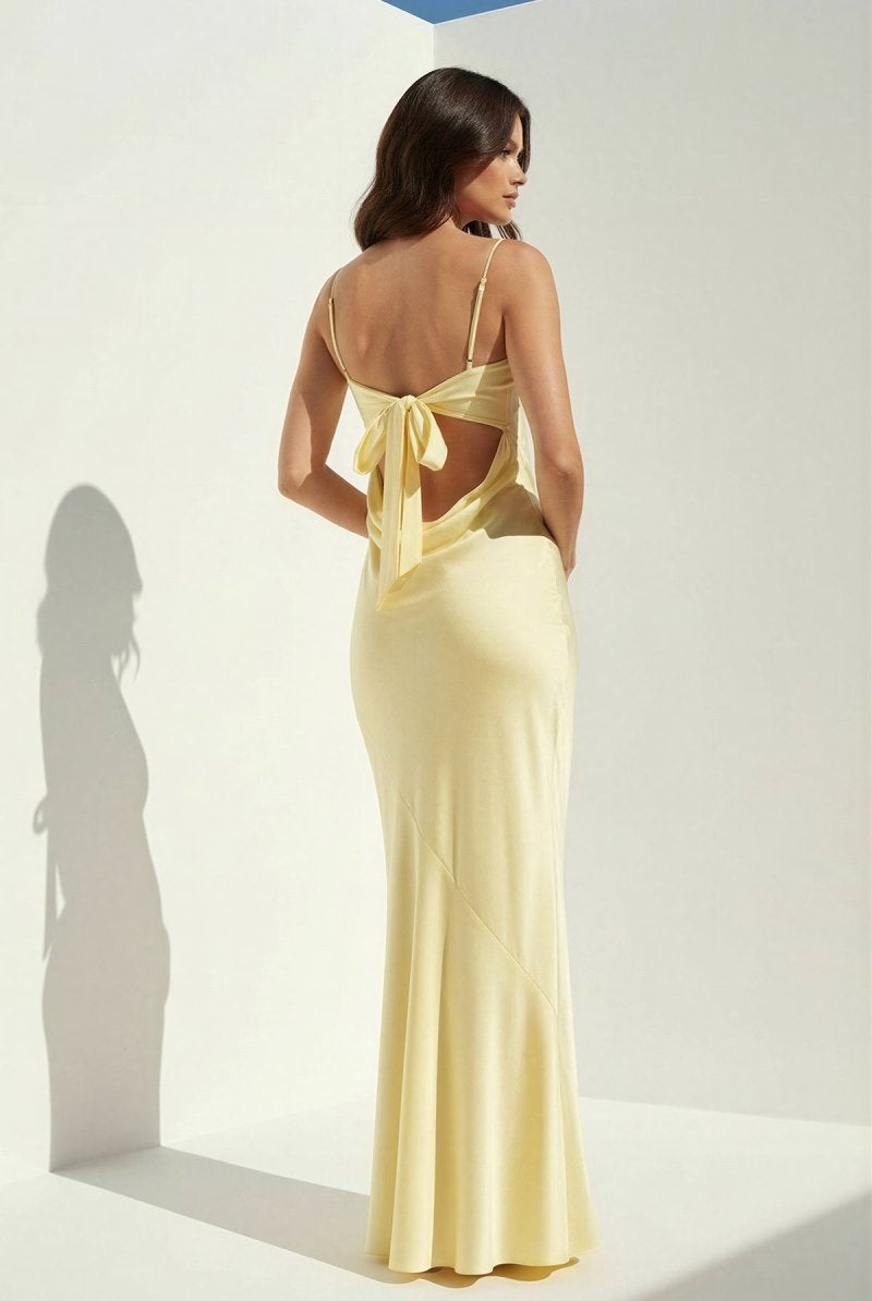 Clarisse | Yellow - Spaghetti Straps Sheath Satin Open Back Long Prom Dresses - KissProm
