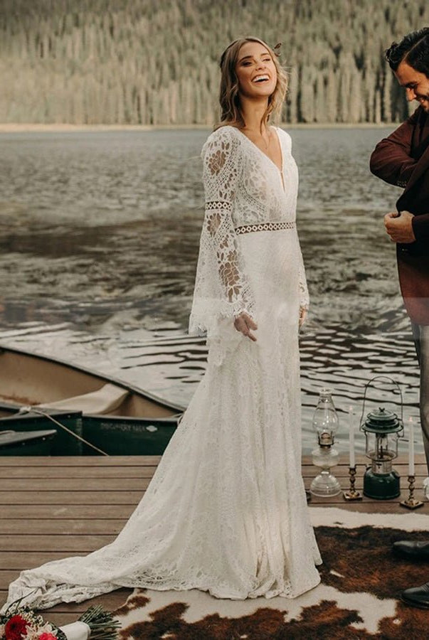 Classical Fairy Long sleeve Lace Mermaid Backless Chic Bridal Gowns - KissProm