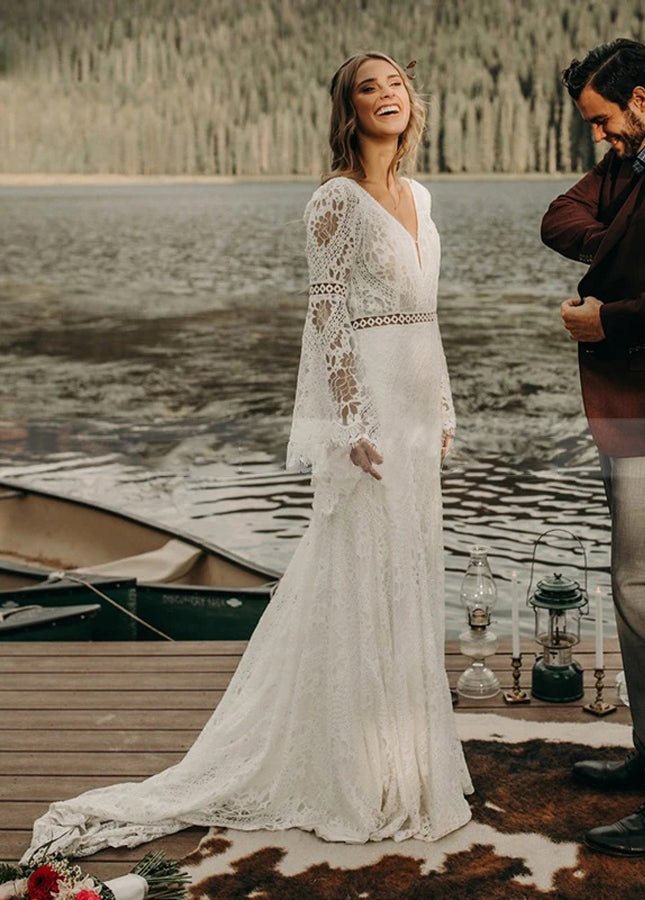 Classical Fairy Long sleeve Lace Mermaid Backless Chic Bridal Gowns - KissProm