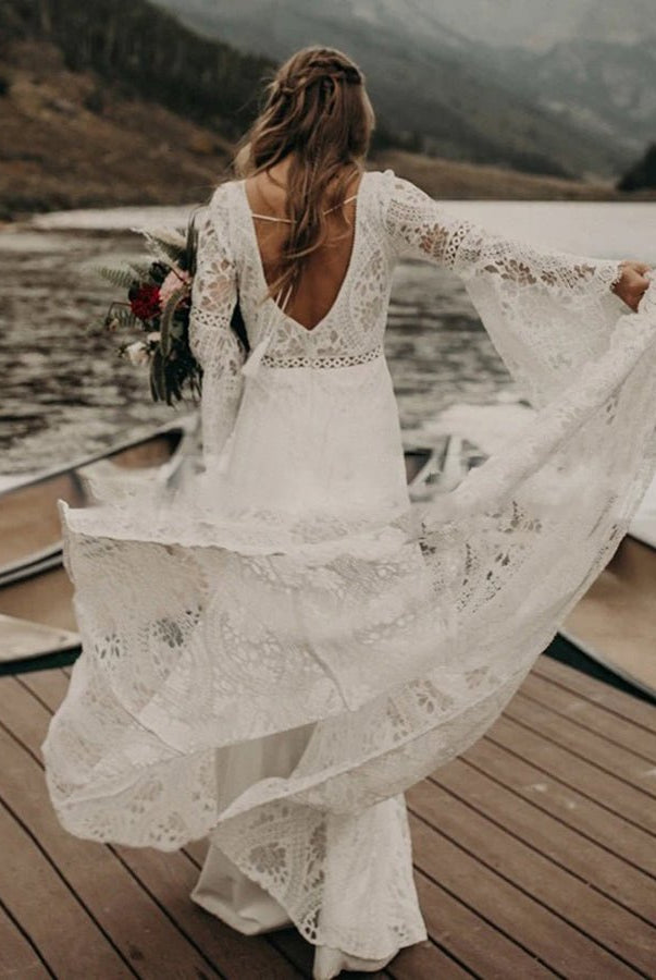 Classical Fairy Long sleeve Lace Mermaid Backless Chic Bridal Gowns - KissProm