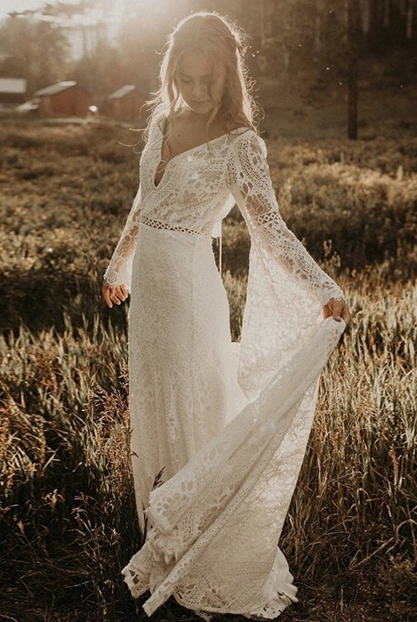 Classical Fairy Long sleeve Lace Mermaid Backless Chic Bridal Gowns - KissProm