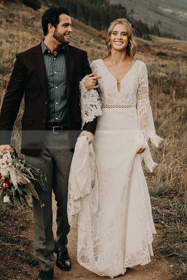 Classical Fairy Long sleeve Lace Mermaid Backless Chic Bridal Gowns - KissProm