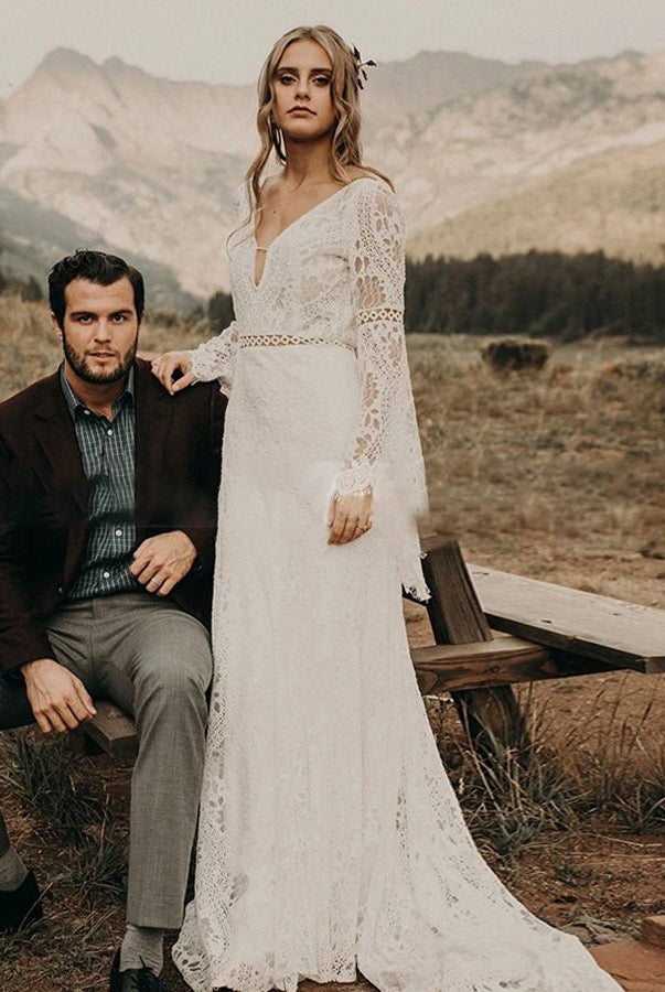 Classical Fairy Long sleeve Lace Mermaid Backless Chic Bridal Gowns - KissProm