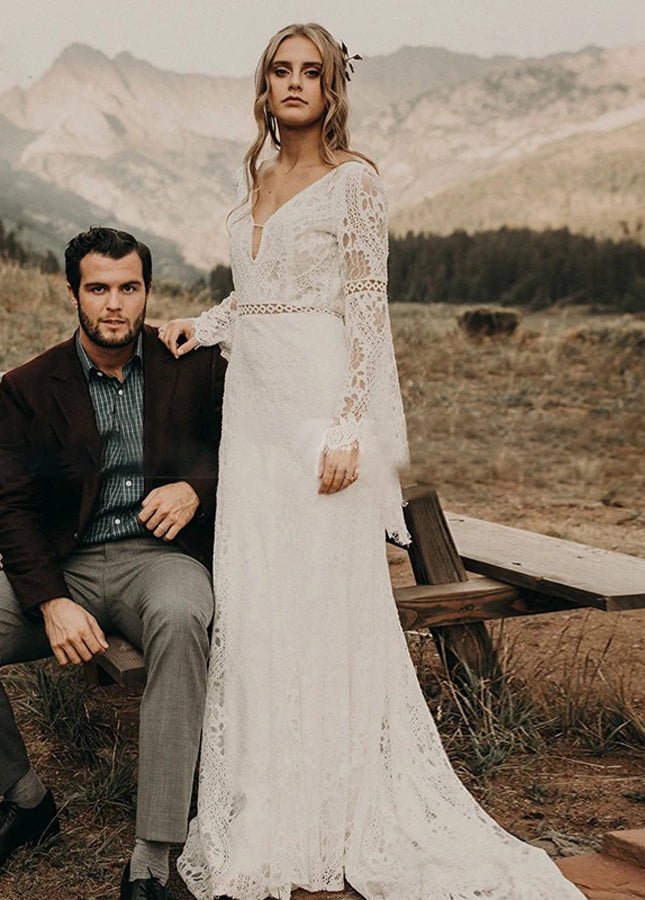 Classical Fairy Long sleeve Lace Mermaid Backless Chic Bridal Gowns - KissProm