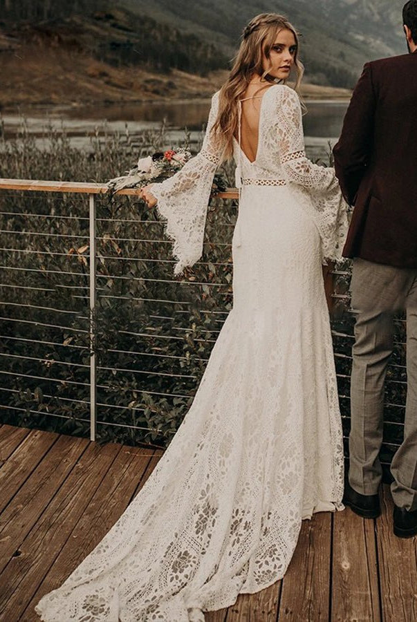 Classical Fairy Long sleeve Lace Mermaid Backless Chic Bridal Gowns - KissProm