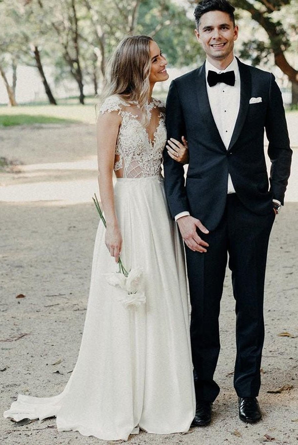 A-Line Cap Sleeve Long Backless Wedding Dresses with Appliques