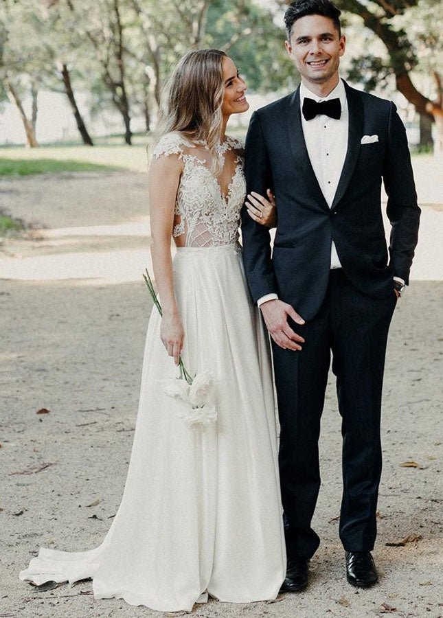 A-Line Cap Sleeve Long Backless Wedding Dresses with Appliques