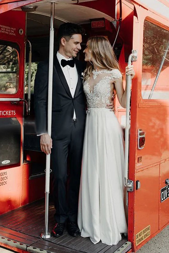 A-Line Cap Sleeve Long Backless Wedding Dresses with Appliques