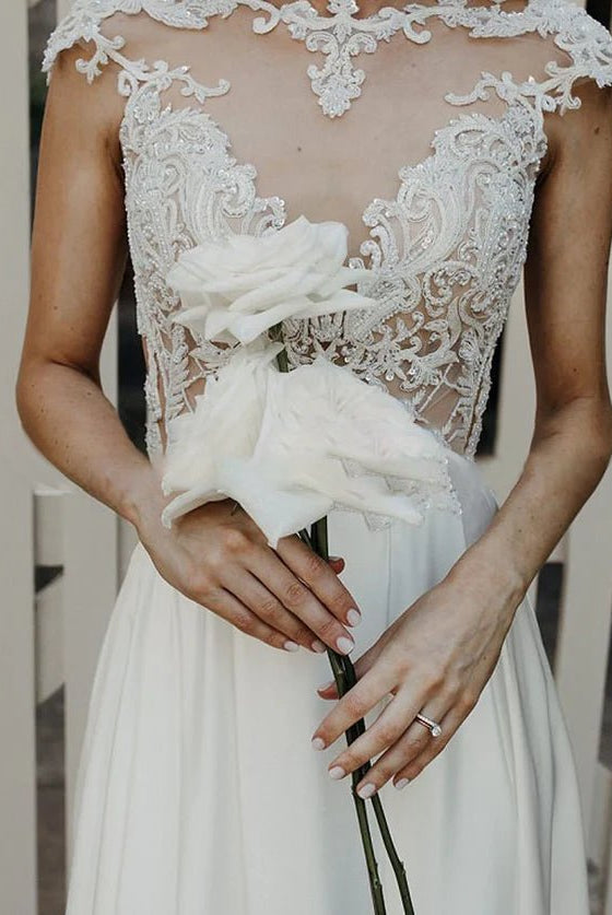 A-Line Cap Sleeve Long Backless Wedding Dresses with Appliques